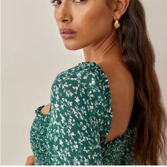 Reformation green floral pinto long sleeve smocked blouse top XS - Picture 4 of 14